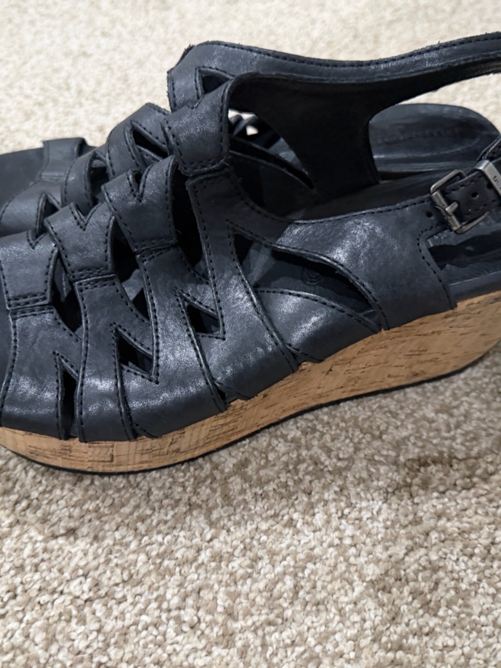 bussola Black Woven Leather Cork Wedge Sandals